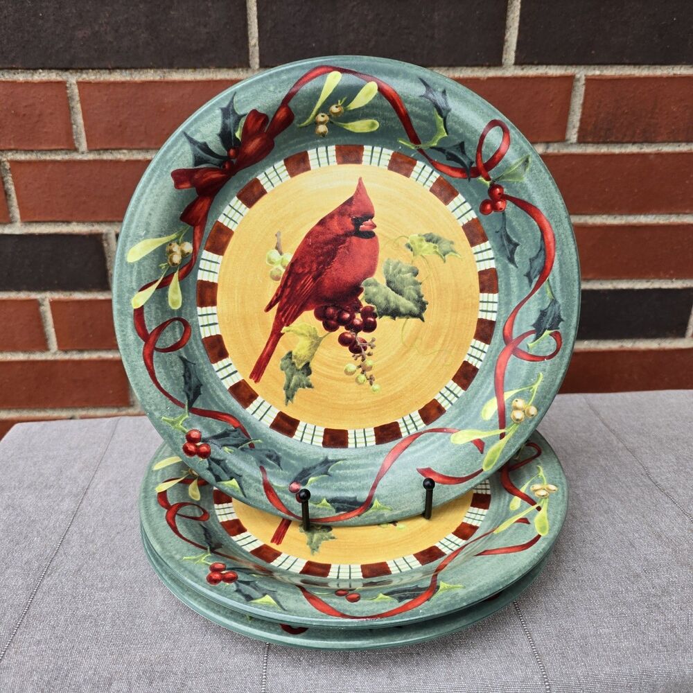 Lenox  "Winter Greetings Cardinal"  3 Dinner Plates 10¾"  Red Cardinal & Berries